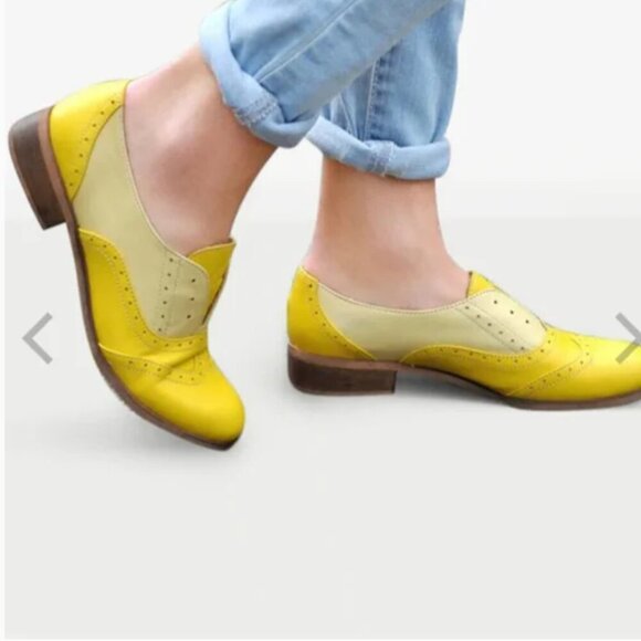 Julia Bo Pershing Laceless Oxfords Brogue Shoes Leather Yellow Size 43 US 12 - Picture 2 of 9